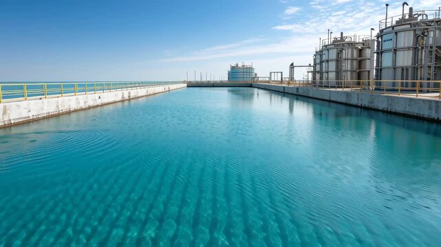 Industrial desalination plant intake canal with turquoise water, storage tanks reflecting sunlight and coastal infrastructure