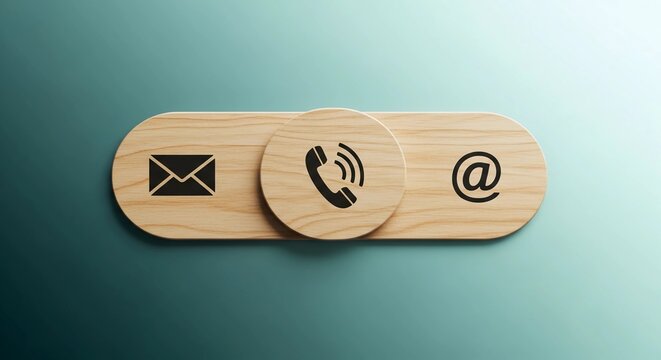 Wooden contact icons for email, phone, and website on a gradient background, representing communication options.