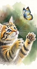 Obraz premium A playful kitten reaches for a butterfly in a vibrant watercolor illustration.