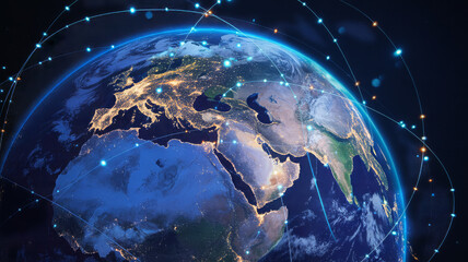 Global network connections spanning across the illuminated earth satellite