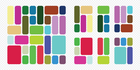 Set of trendy bento grid layout templates. Modular geometric shapes and abstract blocks for UI/UX design, social media posts, or website backgrounds.