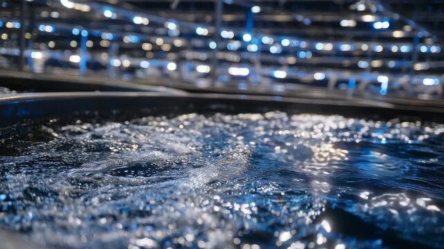 127Close-up of aquaculture tank rim with rippling water surface, background filled with rows of additional tanks glowing under industrial light