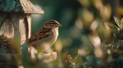 A sparrow perched on a bird feeder surrounded by green leaves in a natural outdoor setting