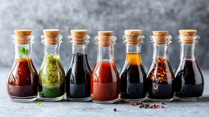 Bottles of Sauces and Dressings Displayed with CloseUp Focus