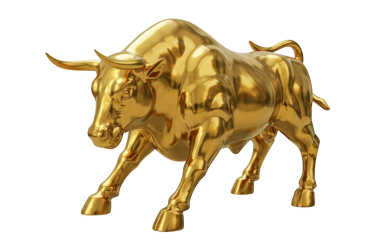 Shiny gold bull statue stands strong with powerful stance on black.