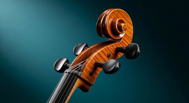 Close-up of a Cello or Violin Scroll and Pegbox with Tuning Pegs on a Dramatic Teal Background