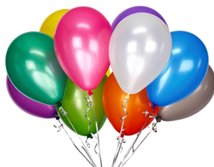 Festive Multi-Colored Balloon Arrangement with Silver Ribbons PNG