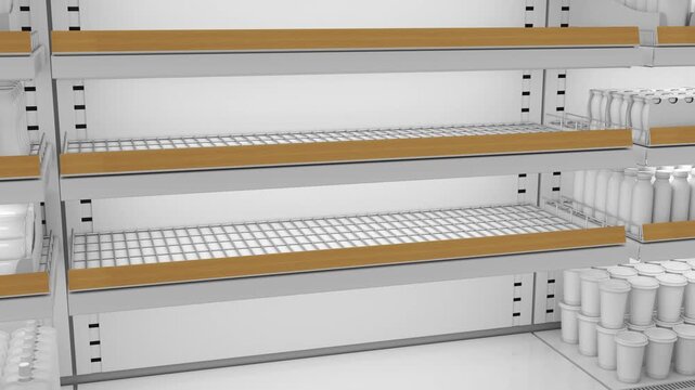 Sliding movement along refrigerator mesh empty shelves and shelves with dairy products and wood shelf talkers. 3d animation