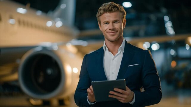 162Engineer standing confidently with tablet in hand, polished modern aircraft behind, cinematic lighting highlighting innovation and technical mastery
