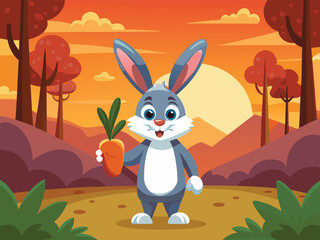 Cartoon Rabbit Stands Smiling While Holding A Carrot During Sunset Scene