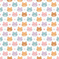 Obraz premium Cute Cat Seamless Pattern Vector. Pastel Colored Kitten Faces Background. Adorable Pet Cartoon Design for Kids, Fabric, and Stationery.