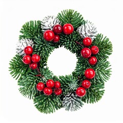 Festive Holiday Wreath with Greenery Red Berries and Snowy Pinecones on White