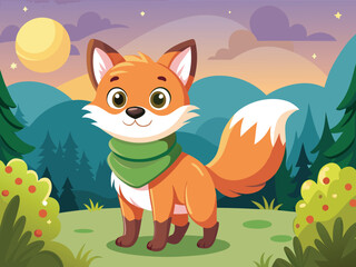 Cartoon Fox Wearing Scarf Stands In Whimsical Forest Under A Twilight Sky