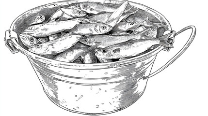 A detailed sketch of a metal bucket filled to the brim with an abundance of small fish inside