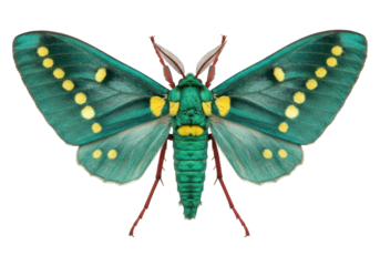 Vivid green moth with yellow spots rests against a dark background.
