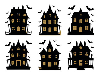 Collection of spooky haunted houses silhouettes with bats for halloween