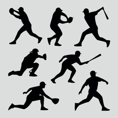 Collection of baseball player silhouettes in action poses