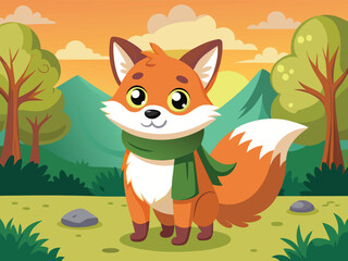 A Charming Cartoon Fox With Scarf Stands In A Vibrant Forest Landscape Art