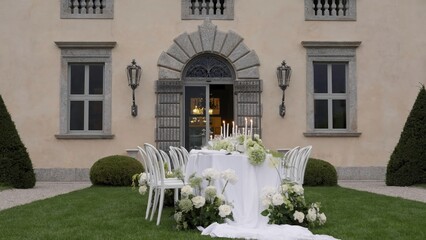 Elegant white wedding reception table setup in front of a villa. Action