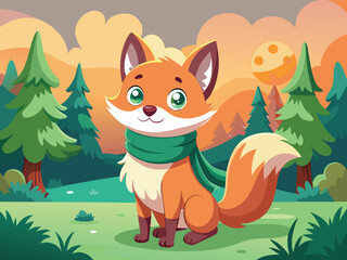 Animated Fox Wearing A Scarf Sits Amidst Stylized Forest Landscape Scenery