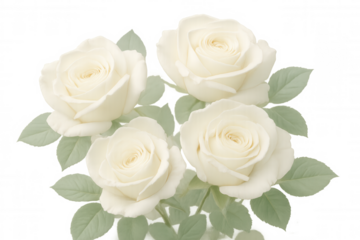 White roses bouquet with green leaves, symbolizing love, romance, wedding, beauty, nature on transparent background