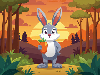 Cartoon Rabbit Holding A Carrot Stands In A Stylized Sunset Forest Scene