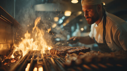 A chef grilling meat with flames rising from the grill in a restaurant kitchen setting