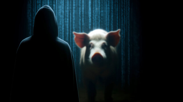 Hooded figure silhouette faces digital pig on glowing screen, mysterious atmosphere, dark background, cyber Pig butchering scam concept