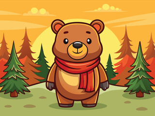 A Cartoon Bear Stands In A Vibrant Forest With A Warm Orange Sunset Sky