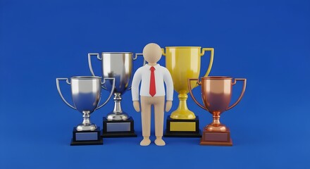 3D Business Man Celebrating Success with Multiple Trophies and Awards, Symbolizing Achievement and Victory in a Competitive Corporate Environment