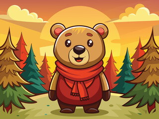Cartoon Bear Wearing A Scarf Stands Cheerfully In A Stylized Forest Scene