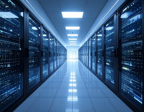 Perspective view down a data center hallway with servers