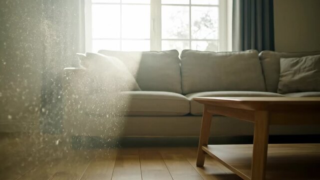 Sunlit interior scene with dust particles floating in the air