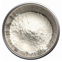 White Flour Powder Fill Silver Stainless Steel Bowl Top View Isolated