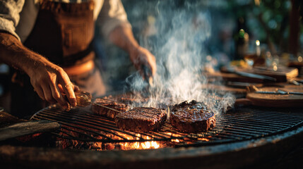 A chef grilling steaks on a smoky barbecue with tongs in an outdoor cooking environment