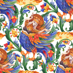 Watercolor medieval seamless pattern of a bright girl in a crown dancing as a mythical paradise bird,