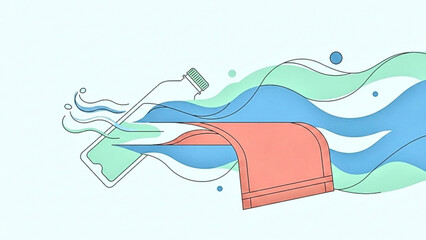 Sports drink next to towel,  Minimalist illustration of a water bottle and towel with flowing lines in green and blue tones , copy space