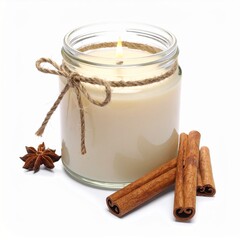Beige Candle in Glass Jar with Cinnamon Sticks on White Background