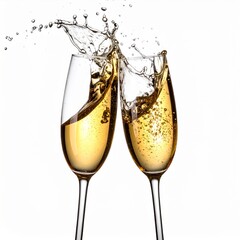 Two Sparkling Champagne Glasses Clinking Against White Background in Celebration