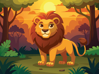 A Majestic Lion Stands In The Forest During The Warm Light Of Sunset
