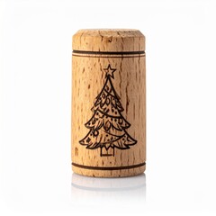 Engraved Christmas Tree on Cylindrical Wooden Object on a White Background