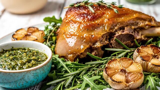 Gourmet roasted pork knuckle with roasted garlic, fresh herbs, and pesto sauce. A delicious and hearty rustic main course perfect for a festive dinner.