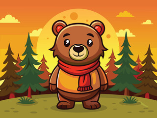 Stylized Cartoon Bear With Scarf In A Forest Setting Against A Sunset Sky