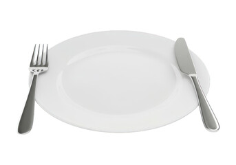 White plate with fork and knife set for meal.