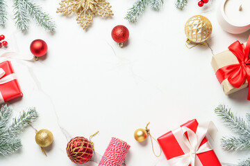 Christmas flat lay background on white.