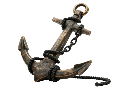 Rustic metal anchor with rope and chain on a black background.