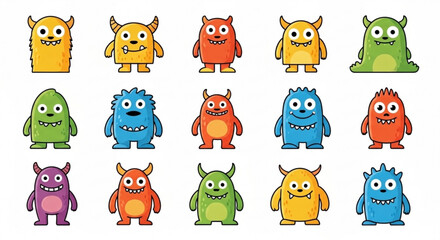 Collection of fifteen colorful cartoon monsters with horns and various shapes on a white background created with generative ai