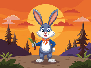 Cartoon Bunny Stands In A Stylized Forest With A Carrot During Sunset Scene