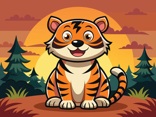 A Cute Tiger Cub Sits Happily In A Forest Landscape Stylized Cartoon Style