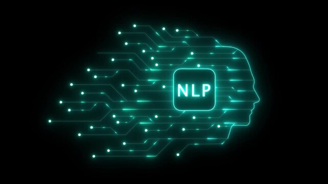 Glowing Neon NLP Head Silhouette with Circuitry and Data Flow on Black Background natural language processing